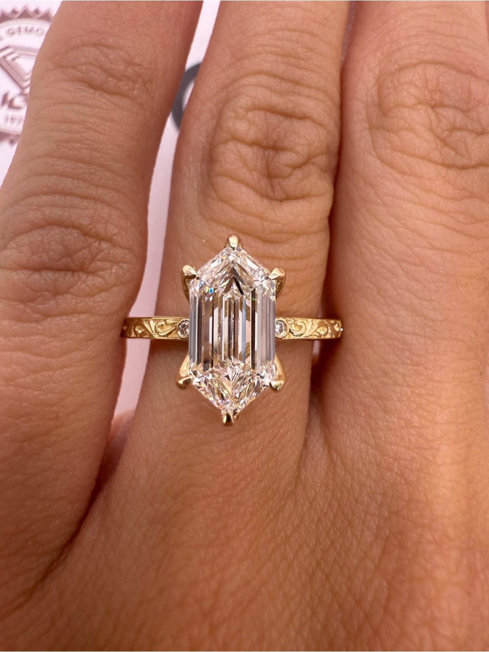 2.06 carat D VVS1 hexagon lab diamond engraved band